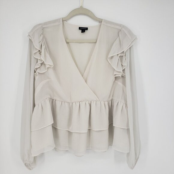 3/$25 422 Torrid Ruffle Top L Surplice V Neck Long Sleeve Blouse Cream Tiered 0 - Picture 2 of 9